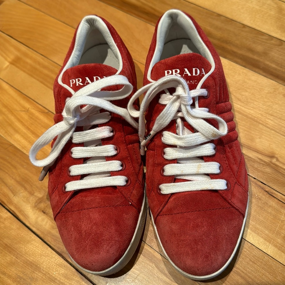 Prada Programme red suede quilted/channeled lace up low top sneakers 37 1/2 - Picture 1 of 11